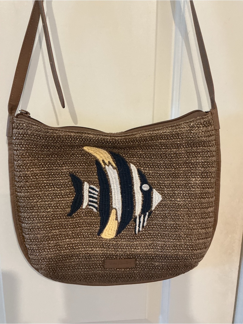 Vera Bradley Woven Straw Crossbody Bag with Embroidered Fish Accent - Brown